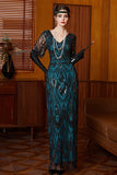 Sparkly Black Blue Sheath V-Neck Sequins Long Roaring 1920s Dress With 4-Piece Accessories Set
