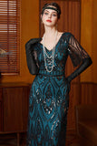 Sparkly Black Blue Sheath V-Neck Sequins Long Roaring 1920s Dress With 4-Piece Accessories Set