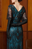 Sparkly Black Blue Sheath V-Neck Sequins Long Roaring 1920s Dress With 4-Piece Accessories Set