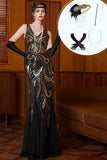 Black Golden V-Neck Sequins Mermaid Tulle Long Roaring 1920s Dress With 4-Piece Accessories Set