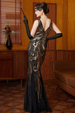 Black Golden V-Neck Sequins Mermaid Tulle Long Roaring 1920s Dress With 4-Piece Accessories Set