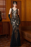 Black Golden V-Neck Sequins Mermaid Tulle Long Roaring 1920s Dress With 4-Piece Accessories Set