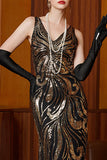 Black Golden V-Neck Sequins Mermaid Tulle Long Roaring 1920s Dress With 4-Piece Accessories Set