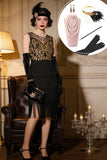 Black Golden Illusion Round Neck Sheath Tiered Fringed Midi Roaring 1920s Dress With 5-Piece Accessories Set