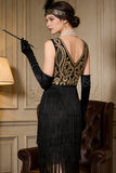 Black Golden Illusion Round Neck Sheath Tiered Fringed Midi Roaring 1920s Dress With 5-Piece Accessories Set