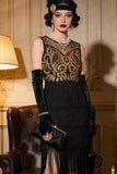 Black Golden Illusion Round Neck Sheath Tiered Fringed Midi Roaring 1920s Dress With 5-Piece Accessories Set