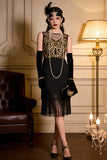 Black Golden Illusion Round Neck Sheath Tiered Fringed Midi Roaring 1920s Dress With 5-Piece Accessories Set