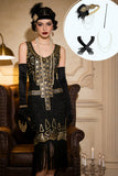 Black Golden Round Neck Sequins Sheath Fringed Midi Roaring 1920s Dress With 4-Piece Accessories Set