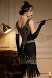 Black Golden Round Neck Sequins Sheath Fringed Midi Roaring 1920s Dress With 4-Piece Accessories Set