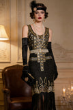 Black Golden Round Neck Sequins Sheath Fringed Midi Roaring 1920s Dress With 4-Piece Accessories Set