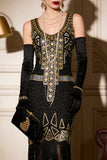 Black Golden Round Neck Sequins Sheath Fringed Midi Roaring 1920s Dress With 4-Piece Accessories Set