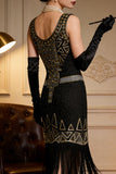 Black Golden Round Neck Sequins Sheath Fringed Midi Roaring 1920s Dress With 4-Piece Accessories Set