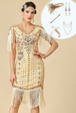 Apricot Sheath V-Neck Sequins Fringed Midi Roaring 1920s Dress With 5-Piece Accessories Set