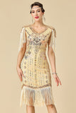 Apricot Sheath V-Neck Sequins Fringed Midi Roaring 1920s Dress With 5-Piece Accessories Set