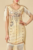 Apricot Sheath V-Neck Sequins Fringed Midi Roaring 1920s Dress With 5-Piece Accessories Set