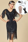 Black V-Neck Sheath Beaded Sequins Fringed Midi Roaring 1920s Dress With 5-Piece Accessories Set