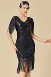 Black V-Neck Sheath Beaded Sequins Fringed Midi Roaring 1920s Dress With 5-Piece Accessories Set
