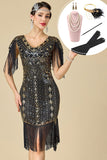 Black Golden V-Neck Sequins Bodycon Fringed Roaring 1920s Dress With 5-Piece Accessories Set