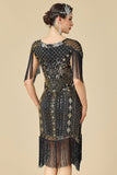 Black Golden V-Neck Sequins Bodycon Fringed Roaring 1920s Dress With 5-Piece Accessories Set