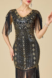 Black Golden V-Neck Sequins Bodycon Fringed Roaring 1920s Dress With 5-Piece Accessories Set