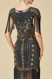 Black Golden V-Neck Sequins Bodycon Fringed Roaring 1920s Dress With 5-Piece Accessories Set