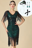 V-Neck Black Green Bodycon Sequins Beaded Fringed Midi Roaring 1920s Dress With 4-Piece Accessories Set