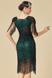 V-Neck Black Green Bodycon Sequins Beaded Fringed Midi Roaring 1920s Dress With 4-Piece Accessories Set