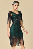 V-Neck Black Green Bodycon Sequins Beaded Fringed Midi Roaring 1920s Dress With 4-Piece Accessories Set