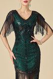 V-Neck Black Green Bodycon Sequins Beaded Fringed Midi Roaring 1920s Dress With 4-Piece Accessories Set