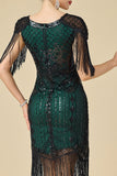 V-Neck Black Green Bodycon Sequins Beaded Fringed Midi Roaring 1920s Dress With 4-Piece Accessories Set