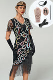 Black V-Neck Sequins Beaded Multi-Layer Fringed Bodycon Midi Roaring 1920s Dress With 5-Piece Accessories Set