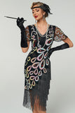 Black V-Neck Sequins Beaded Multi-Layer Fringed Bodycon Midi Roaring 1920s Dress With 5-Piece Accessories Set