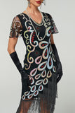 Black V-Neck Sequins Beaded Multi-Layer Fringed Bodycon Midi Roaring 1920s Dress With 5-Piece Accessories Set
