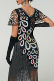 Black V-Neck Sequins Beaded Multi-Layer Fringed Bodycon Midi Roaring 1920s Dress With 5-Piece Accessories Set