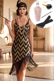 Black Golden Spaghetti Straps Sequins Fringed High Low Roaring 1920s Dress With 5-Piece Accessories Set
