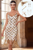White Golden Spaghetti Straps Sequins Bodycon Fringed Roaring 1920s Dress With 5-Piece Accessories Set