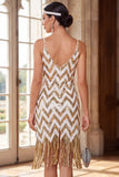 White Golden Spaghetti Straps Sequins Bodycon Fringed Roaring 1920s Dress With 5-Piece Accessories Set