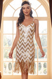 White Golden Spaghetti Straps Sequins Bodycon Fringed Roaring 1920s Dress With 5-Piece Accessories Set
