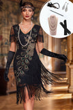 Black V-Neck Sequins Bodycon Midi 1920s Dress With 5-Piece Accessories Set