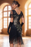 Black V-Neck Sequins Bodycon Midi 1920s Dress With 5-Piece Accessories Set