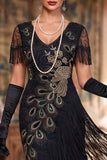 Black V-Neck Sequins Bodycon Midi 1920s Dress With 5-Piece Accessories Set