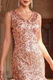 Rose Golden V-Neck Sequins Bodycon Fringed 1920s Dress With 5-Piece Accessories Set