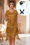 Sparkly Golden Round Neck Sheath Sequins 1920s Dress With 4-Piece Accessories Set