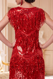 Red Round Neck Sequins Tiered Fringed Midi 1920s Dress With 5-Piece Accessories Set