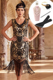 Black Golden V-Neck Sequins Bodycon Beaded Fringed Midi 1920s Dress With 5-Piece Accessories Set