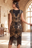 Black Golden Round Neck Beaded Sequins Fringed Bodycon Midi 1920s Dress With 4-Piece Accessories Set