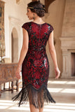 Black Red Round Neck Sequins Bodycon Fringed Midi 1920s Dress With 5-Piece Accessories Set