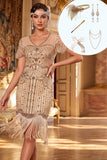Apricot V-Neck Sequins Bodycon Fringed Midi 1920s Dress With 5-Piece Accessories Set