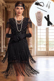 Round Neck Black Sequins Tiered Fringed Sheath 1920s Dress With 5-Piece Accessories Set