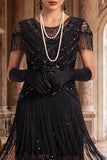 Round Neck Black Sequins Tiered Fringed Sheath 1920s Dress With 5-Piece Accessories Set